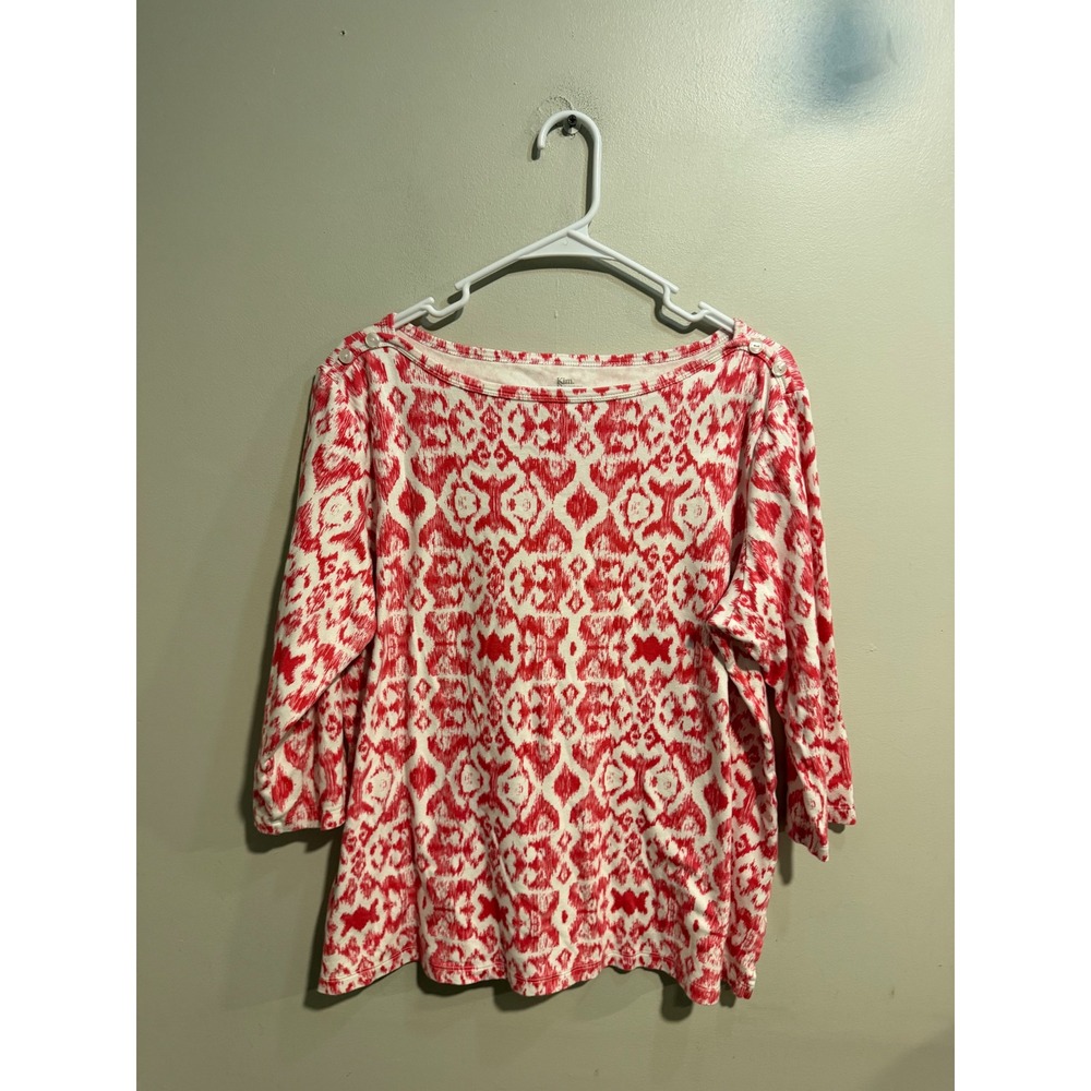 Kim Rogers Perfectly Soft Red White Ikat Boat Neck 3/4 Sleeve Cotton Top XL